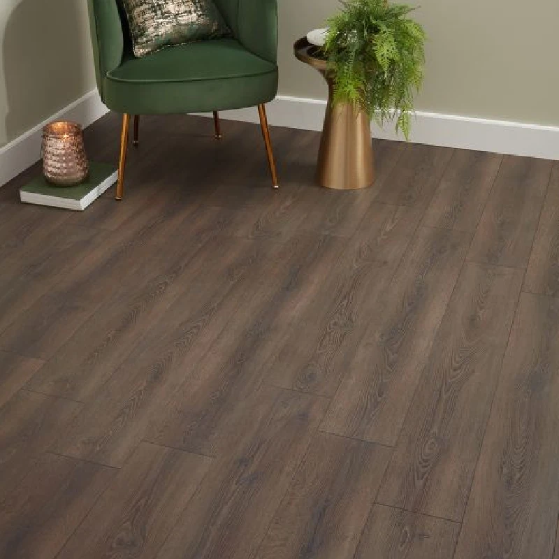 Dark wood-look laminate flooring with rich grain and smooth matte finish.