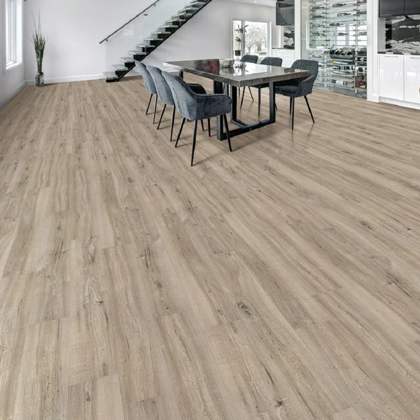 Embossed laminate flooring in modern dining room