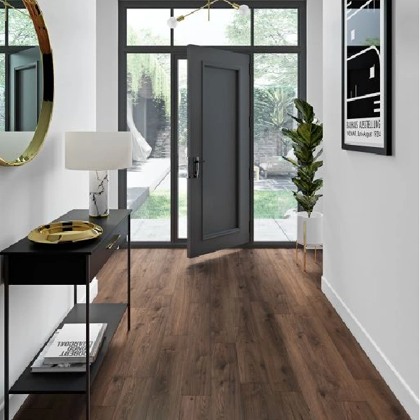 laminate in deep wood grain in the doorway