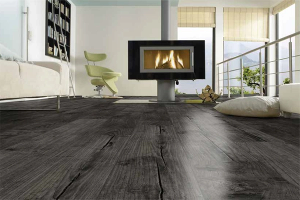 Modern living room with dark wood floors and fireplace